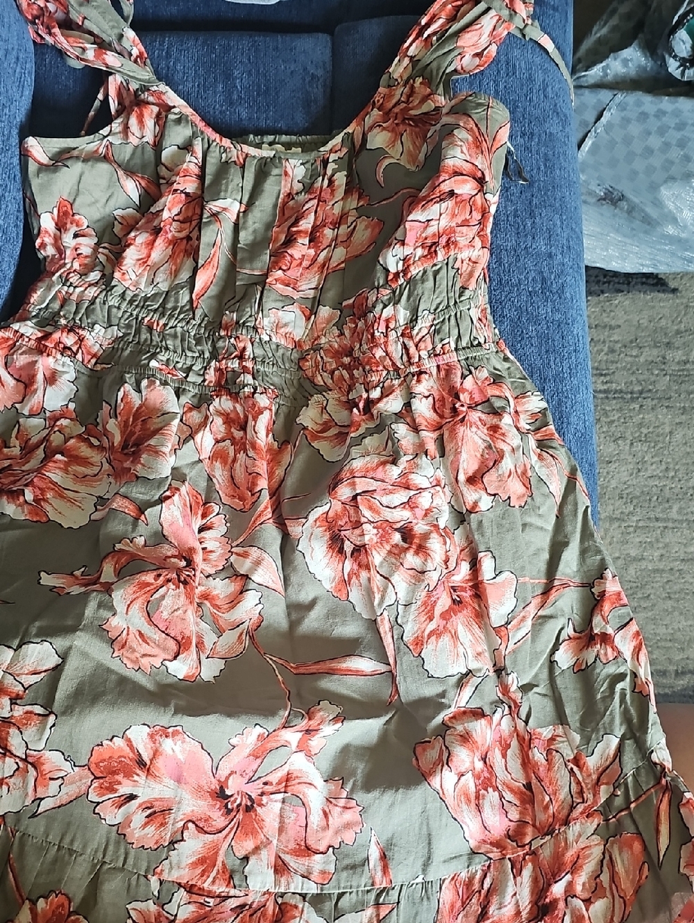 Maurices Olive Green Floral Sundress with Coral Accents